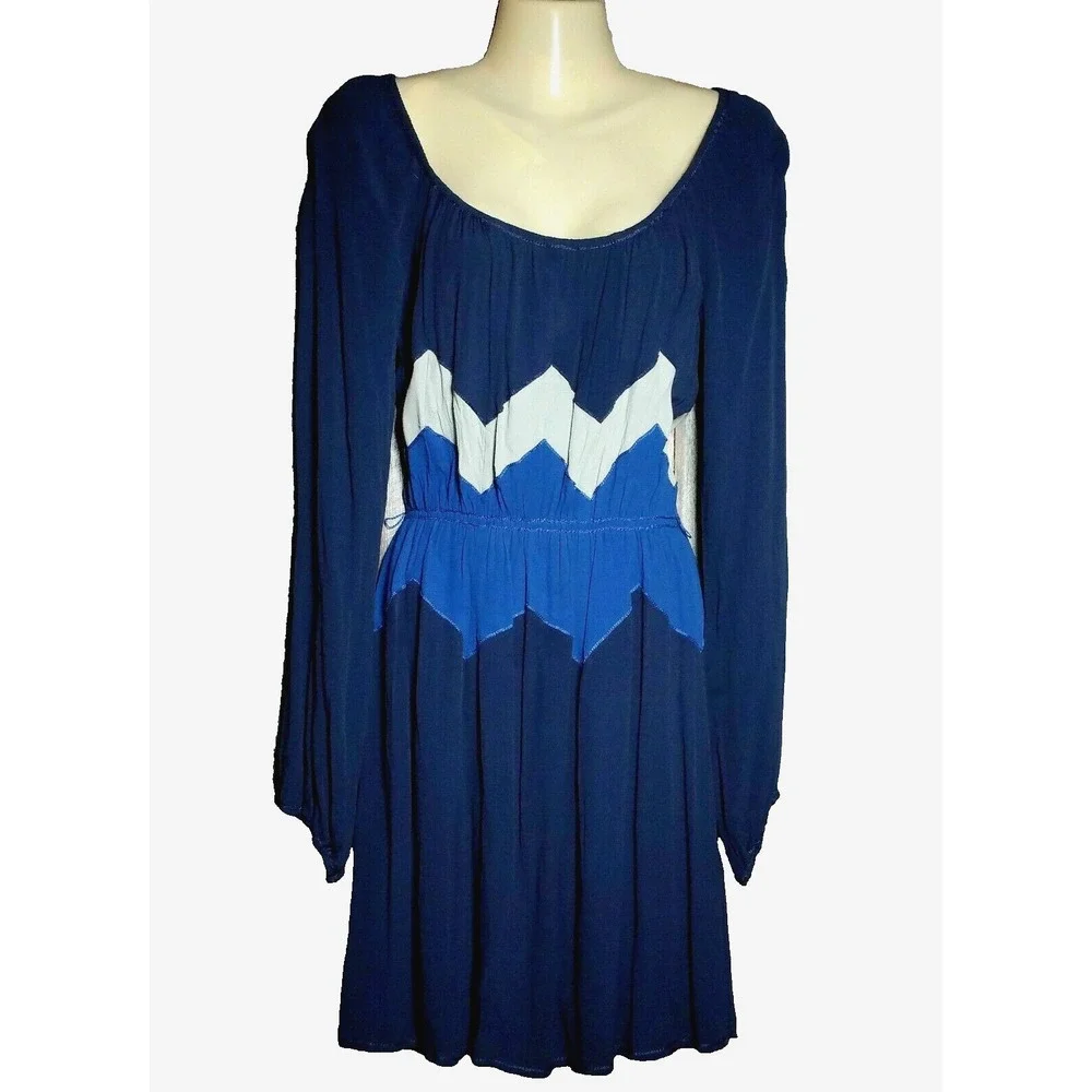 Max Edition S Dress Blue Colorblock Chevron Mini Coastal Boho Office Retro‎ Bold